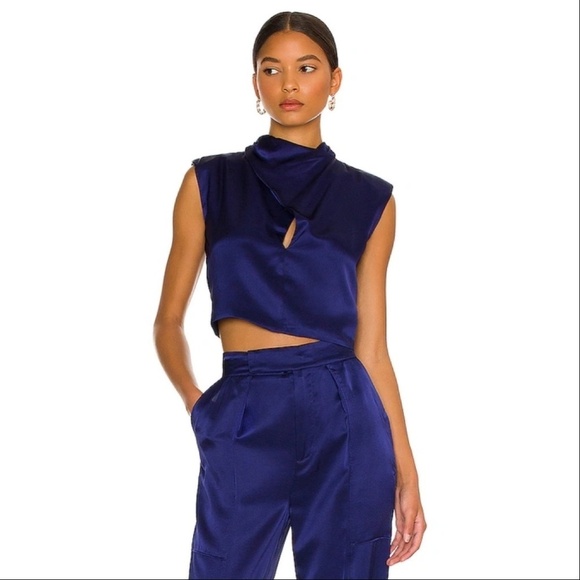 NICHOLAS | Emmie Silk Crop Top Keyhole Purple Shoulder Pads Blouse - Picture 6 of 6